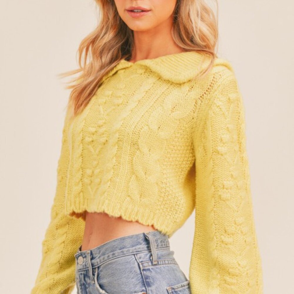 Vintage-Inspired Yellow Cable Knit Sweater – Cropped, Bell Sleeves, Wide Collar